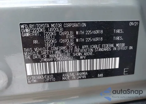 2021 Toyota Rav4 Hybrid Xle Premium из США, поврежденный, VIN JTMB6RFV3MD038562